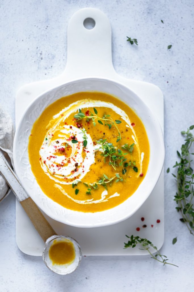 soup in white ceramic bowl